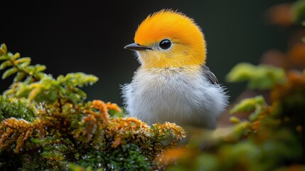 Fototapeta premium A small bird with a bright orange head sitting on a mossy branch