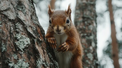 Obraz premium A red squirrel standing on its hind legs on a tree