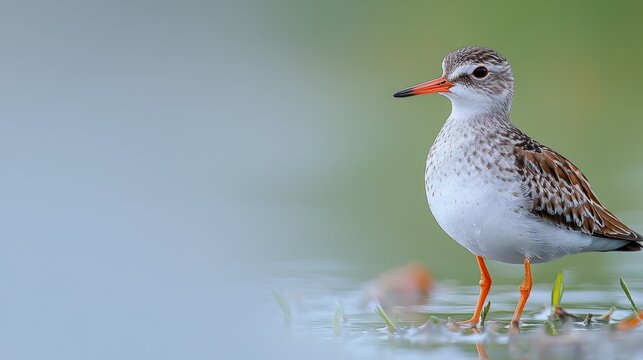 A small bird standing in the water with a green background