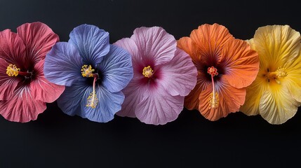 Fototapeta premium A row of colorful hibiscus flowers on a black background