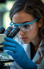 Fototapeta premium female scientist in blue gloves and glasses is looking through a microscope