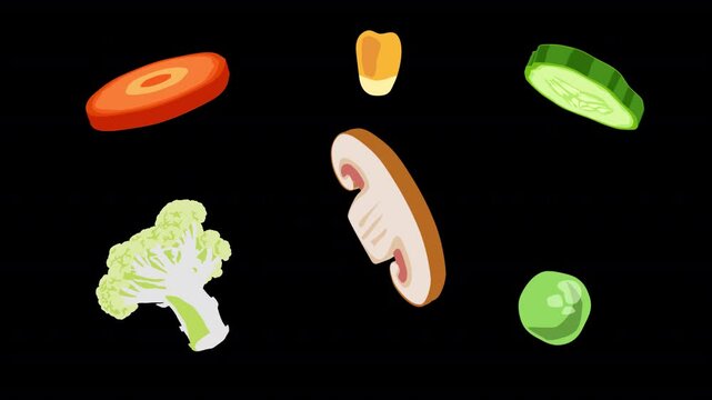 Animated food vegetable elements rotating in 3d space. Mushrooms, carrots, cauliflower, cucumber, bean, corn on a transparent alpha channel.