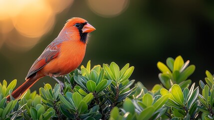 Fototapeta premium A red bird sitting on top of a bush