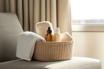 womens day self-care hamper, a relaxing gift basket filled with self-care goodies like lotions, oils, and slippers on a cozy armchair in a sunlit room, celebrating womens day