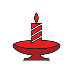 Christmas card with a candle decorated with fir branches sno flakes on a green background. Vector flat illustration with Merry