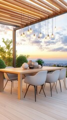 Fototapeta premium Chic Outdoor Dining Area with Sunset Backdrop