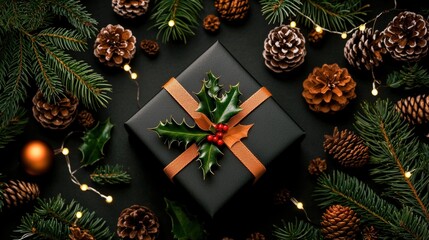 Festive gift box arrangement surrounded by nature's trimmings in a holiday scene celebratory atmosphere close-up view