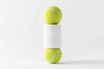 Tube is standing up, balanced on two tennis balls, showing its front side that has a customizable label design