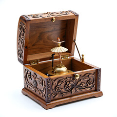 Intricate wooden music box with ballerina figure dancing inside, photography of still life concept.