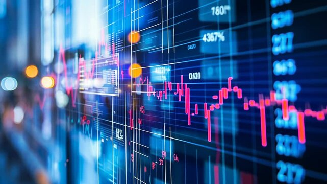 Financial data displaying on a transparent screen in a modern city