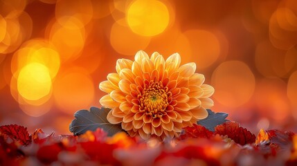 A single orange flower sitting on top of a pile of red leaves
