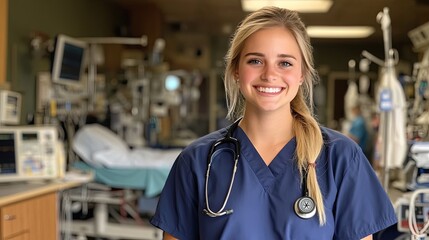 Blonde nurse in blue scrubs smiles brightly while holding stethoscope in a bustling emergency room filled with activity