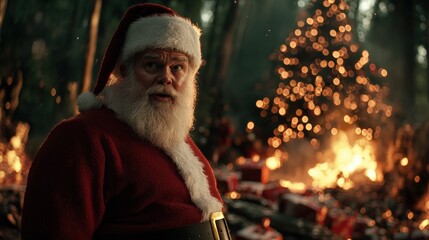 Santa claus celebrates christmas in a cozy snow-covered cabin surrounded by trees and holiday cheer