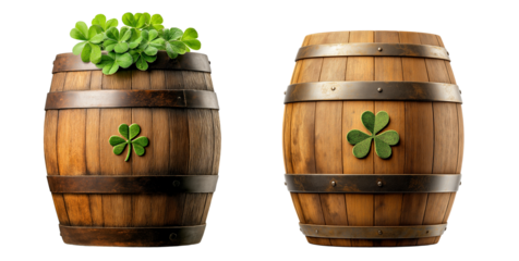 Wooden Barrels with Clover Leaf Decorations and Lush Green Plants for St. Patrick's Day on transparent background, png