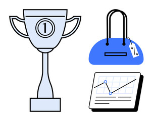 Trophy representing success, handbag showing fashion and retail, plus graph indicating data analysis and marketing analytics. Ideal for achievement, shopping, retail, analytics, business, marketing