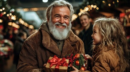 Santa distributing gifts to enthusiastic children at a festive holiday market joyful atmosphere close-up view celebration theme