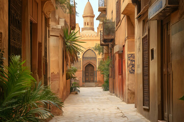 Fototapeta premium Exploring a narrow street with vibrant plants and old houses leads to a magnificent mosque in an ancient city, showcasing traditional charm and Islamic heritage