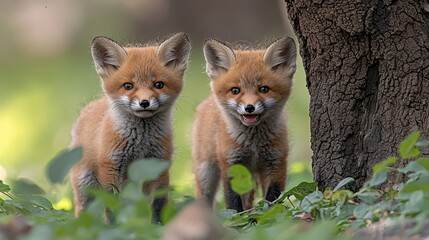 Obraz premium Two young foxes standing next to a tree in the woods