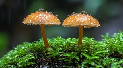 Fototapeta premium A couple of orange mushrooms sitting on top of a moss covered ground