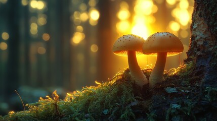 A couple of mushrooms sitting on top of a moss covered ground