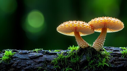 A couple of mushrooms sitting on top of a tree stump