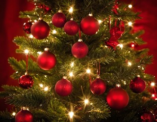 Obraz premium christmas tree decoration with red balls and lights 