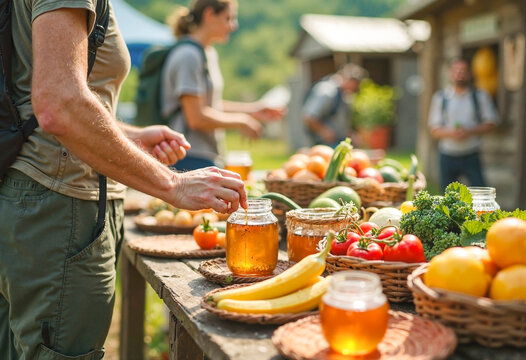 Beekeeper preparing honey jars for sale at farmers market with fresh produce
