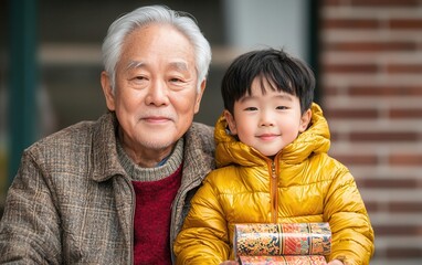 Chinese firecrackers concept. Elder teaching a child how to safely light firecrackers during Lunar New Year, Chinese firecrackers tradition Lunar New Year, intergenerational cultural learning