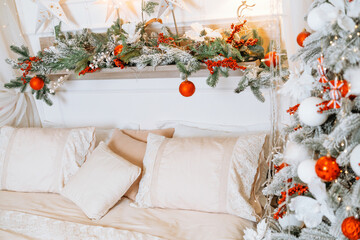 Cozy Christmas bedroom with decorated tree and festive garland for celebrations