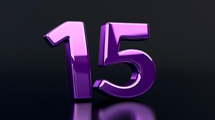 A sleek and smooth 3D number "15" in royal purple, with a reflective surface on a solid black backdrop,
