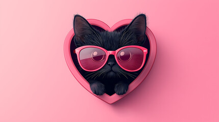 Fototapeta premium cute black kitten wearing pink sunglasses sits inside a pink heartshaped box against a pink background Valentines Day themed image
