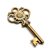 Exquisite vintage golden key with floral design on a white background, photograph of still life concept.