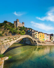 Old Bridge and castle in Dolceacqua. Province of Imperia, Liguria region, Italy