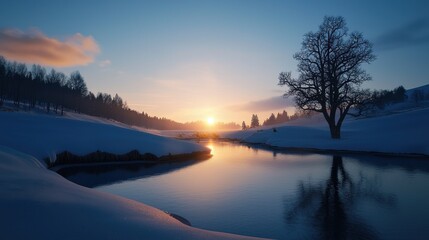 A beautiful winter scene with a tree in the foreground