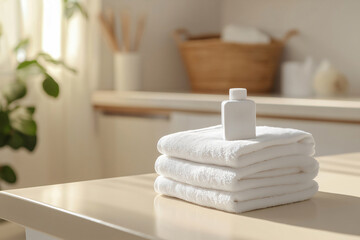 Enjoying the fresh scent of clean laundry with a stack of soft white towels and fabric softener in a modern laundry room