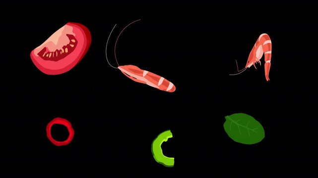 Loop cartoon animation of food elements rotating in 3d space. Shrimp, prawn, tomato, pepper, vegetables, seafood on a transparent alpha channel.