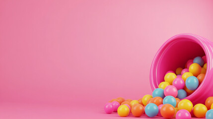 Obraz premium Colorful Balls Spilling from Pink Container Fun Playful Kids Toys Background