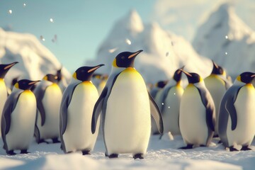 Fototapeta premium Emperor penguins are standing together in a snowy colony with mountains in the background, light snow falling