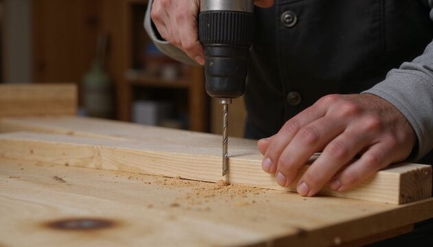Carpenter drilling hole in wooden board with electric drill 