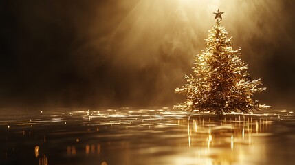 Golden Christmas tree with star on top, reflecting in water.