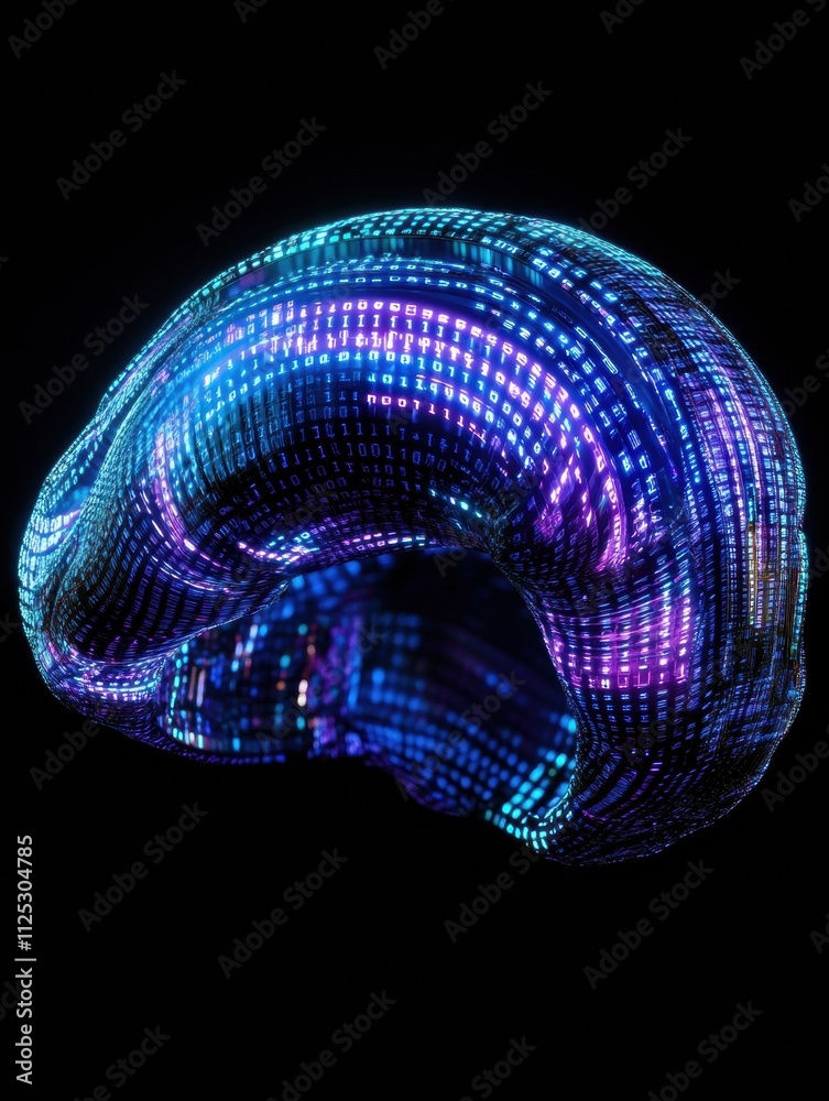 Fototapete a futuristic brain made of glowing blue and purple grids with flowing binary code on a dark backgrou