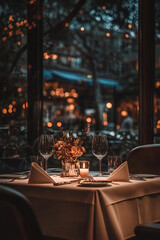 Elegant table setting with wine glasses, a candle, and a floral centerpiece in a romantic restaurant with blurred bokeh lights outside the window