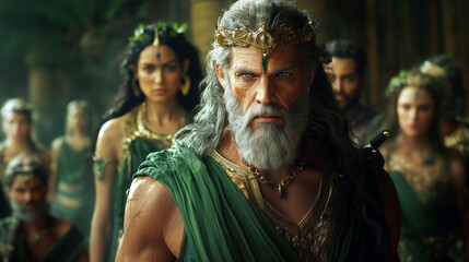 Obraz premium Portrait of a fantasy bearded old king wearing green. Courtiers on the background. 