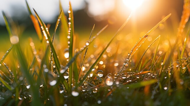 Close-up of dew drob on grass, light colored background, space in the center, Hard Light,generative ai illustration