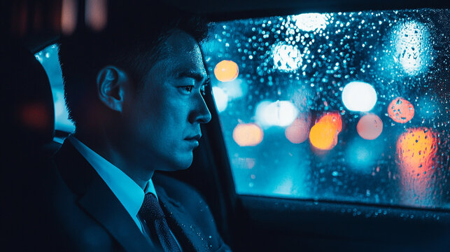 Night City Rain Businessman in Car City Lights Reflective Window