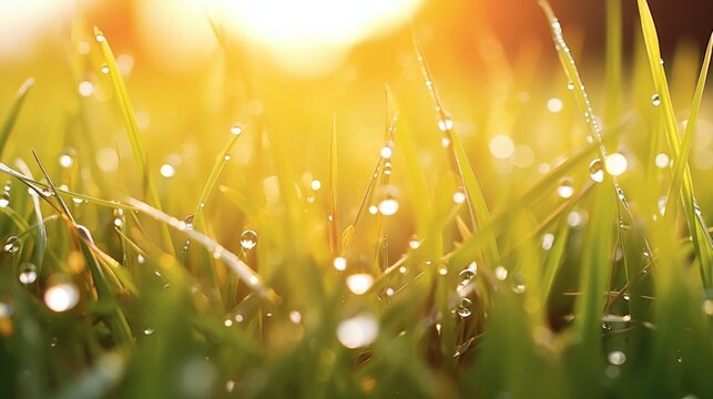 Close-up of dew drob on grass, light colored background, space in the center, Hard Light,generative ai illustration