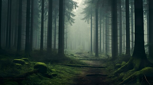 A photo of a foggy forest with tall trees