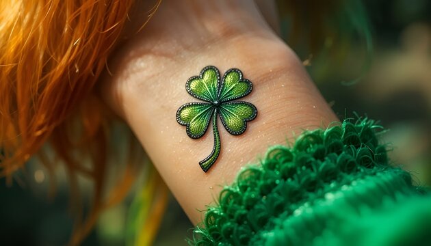 Close-up of a green four-leaf clover tattoo on wrist with festive St. Patrick's Day theme
