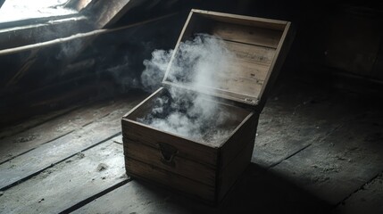 A small wooden crate on the floor of a dusty attic, releasing smoke as its lid tilts open
