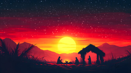 Fototapeta premium minimalist painting representing Nativity scene in Bethlehem. Christmas scene illustration showing holy family baby Jesus in the manger Joseph and Mary. Banner.